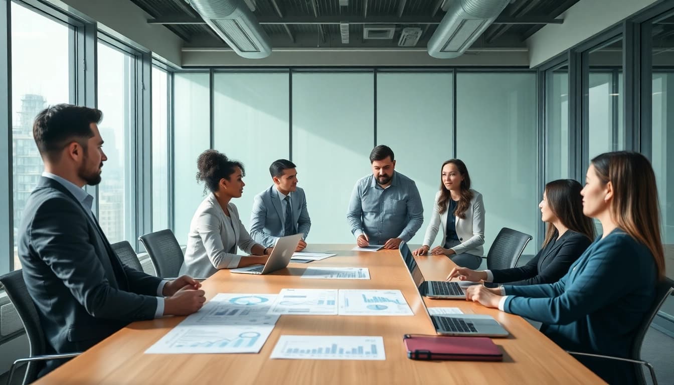 Business professionals collaborating in a modern office, representing td web business banking solutions.