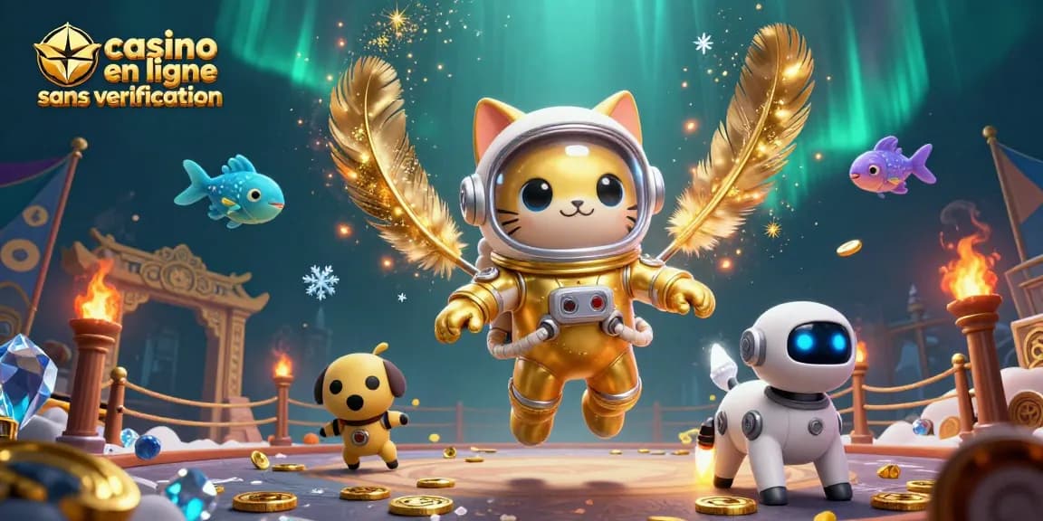 Plongez dans l'univers des jeux avec "casino en ligne sans vérification", où un chat astronaute flottant et son chien robot jouent au casino parmi des créatures étonnantes.