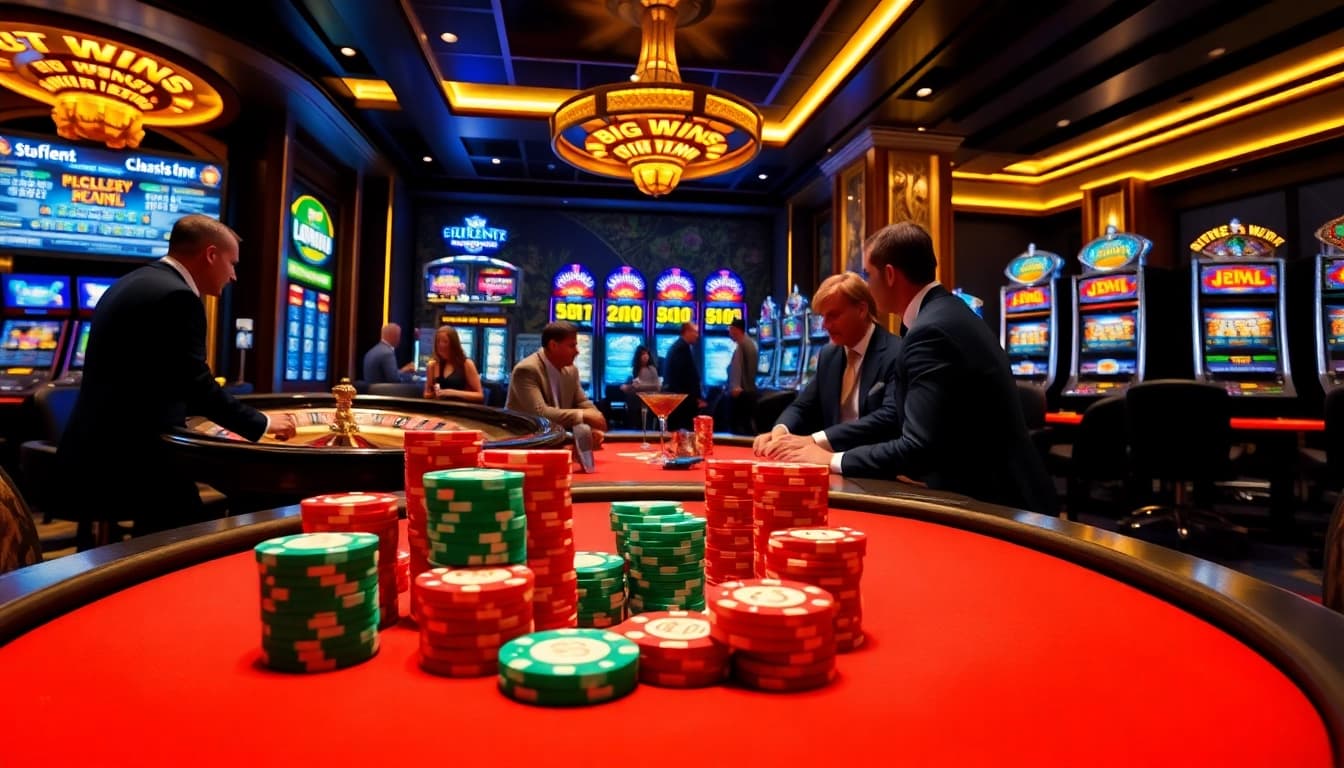 A thrilling Lc88 gambling scene showcasing a vibrant poker table with stacked chips and a roulette wheel.
