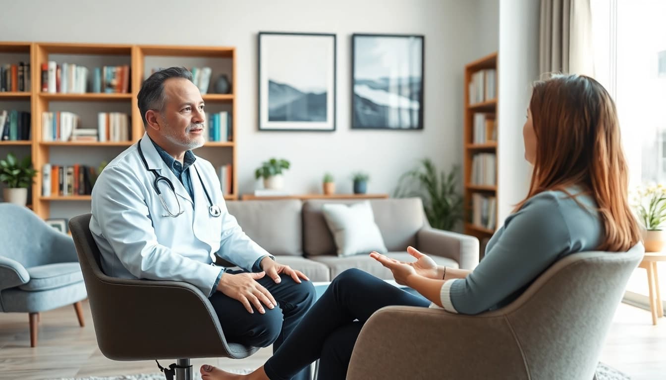 Engaging psychiatrist in India helping a patient in a modern therapy setting.