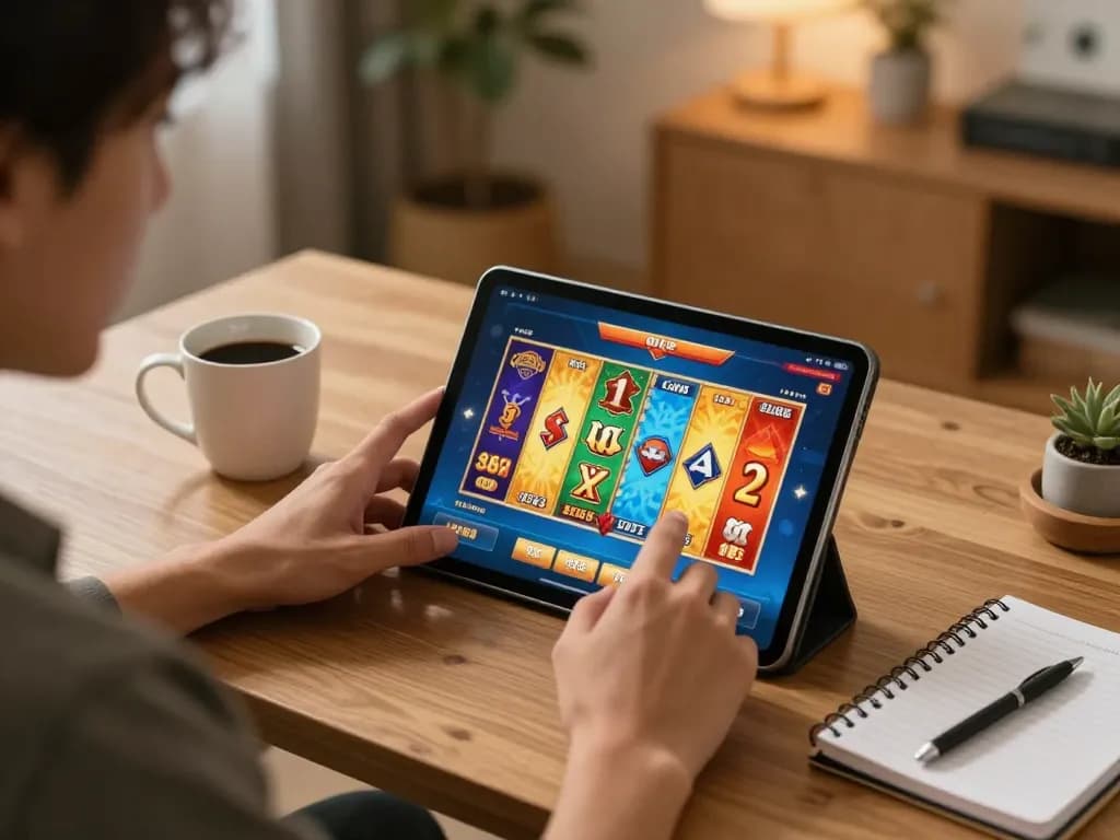Playing situs slot on a tablet at home while managing strategy notes and coffee.