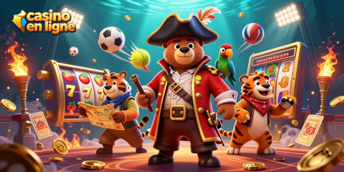 Illustration dynamique de casino en ligne avec un ours pirate, un tigre et des éléments de jeu.