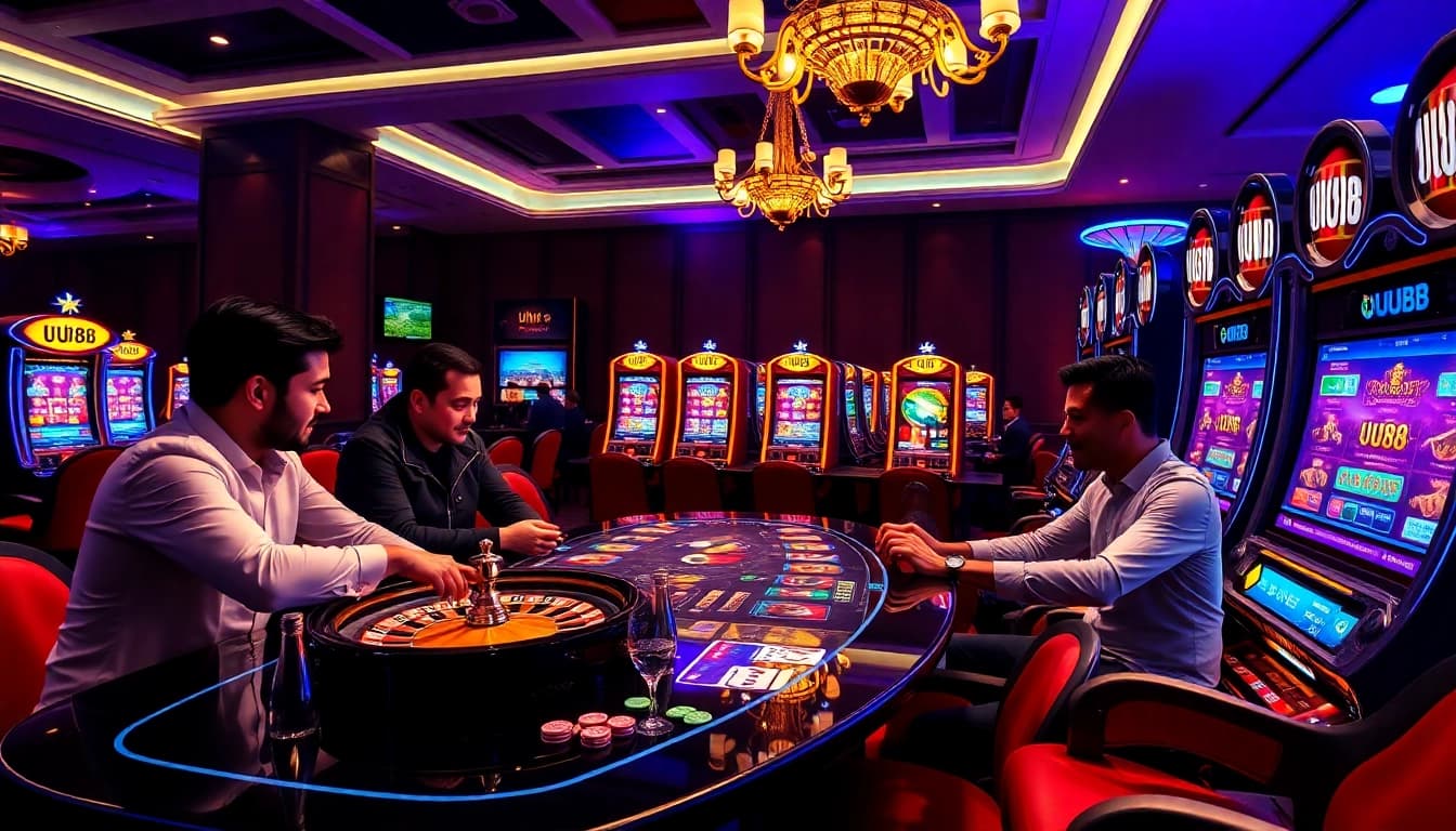 Players enjoying an exciting game at UU88 casino table with vibrant roulette wheels and cards.
