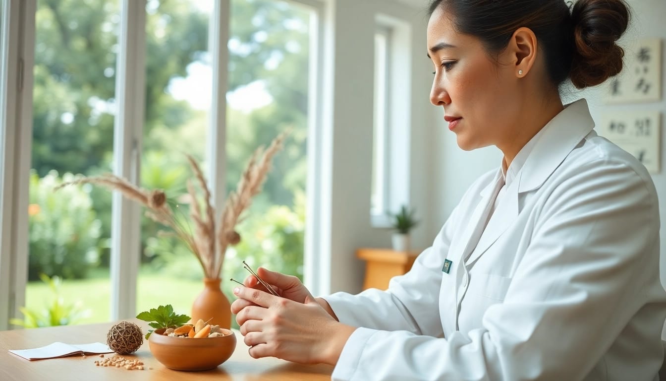 Sinshe memberikan konsultasi pengobatan TCM di klinik tenang dengan pencahayaan alami.
