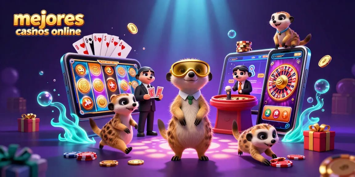 Descubre los mejores casinos online mientras una pandilla de suricatas gestiona un casino en una ilustración vibrante.