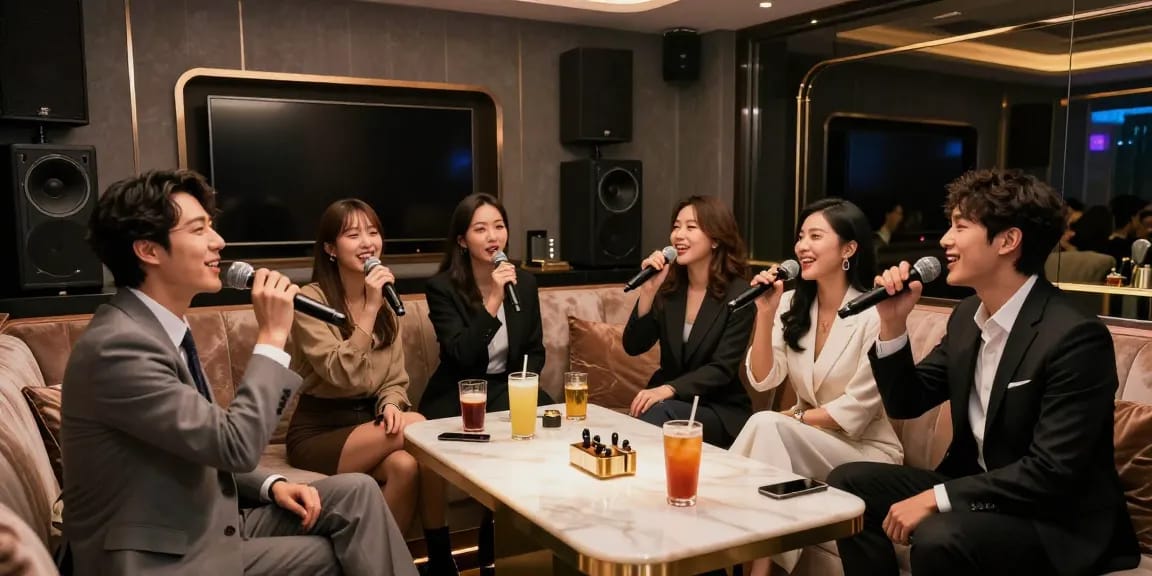 강남쩜오에서 고급스러운 카라오케 룸을 즐기는 모습