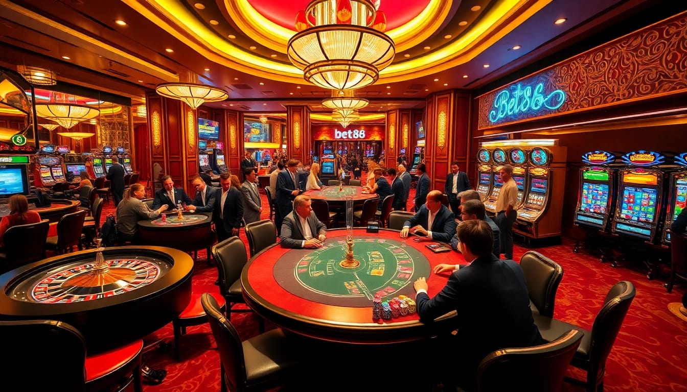 Experience the excitement of bet88 at a luxurious casino with roulette wheels and vibrant slot machines.