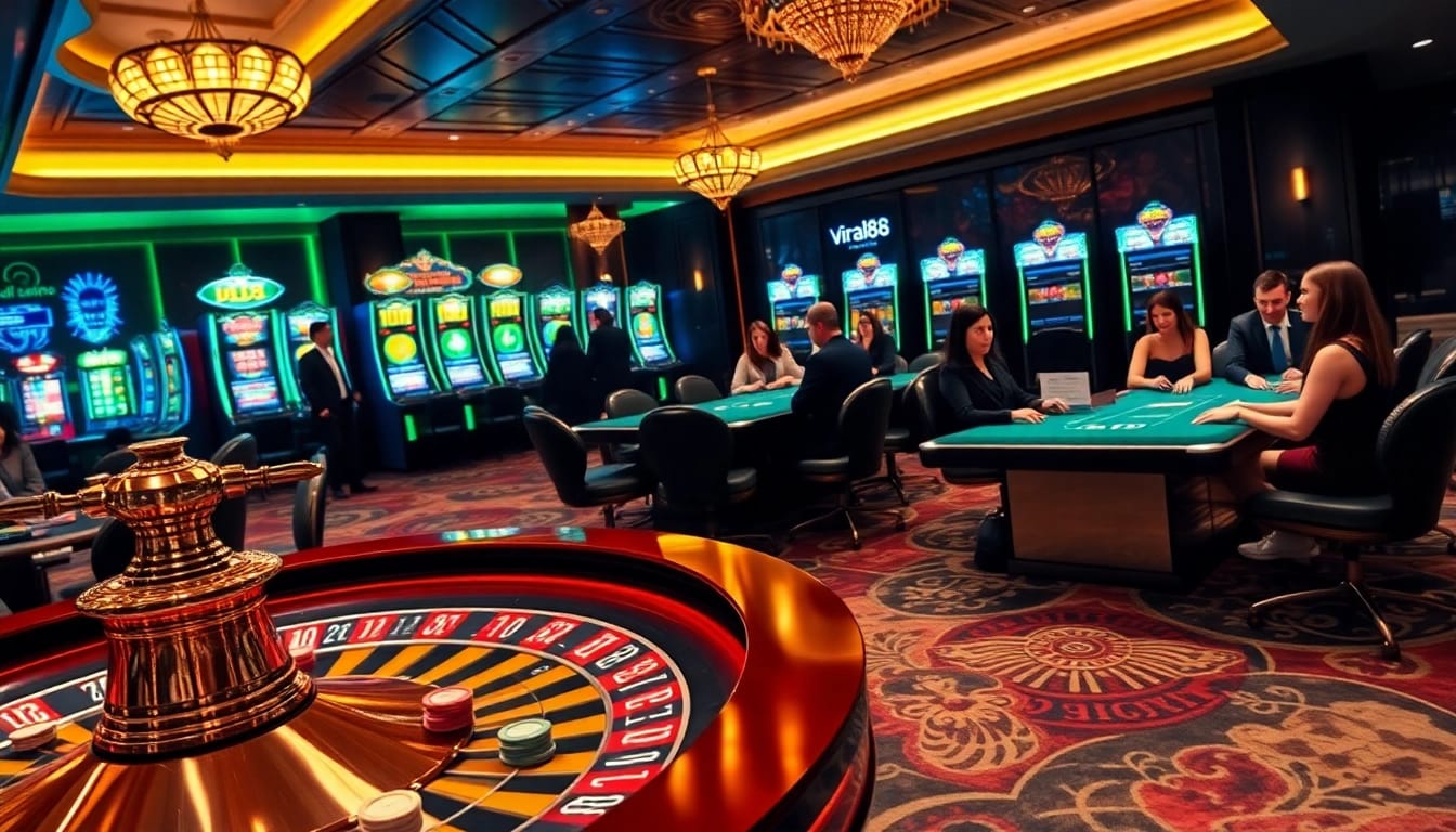 Players enjoying a high-stakes game at a casino showcasing viral88-themed elements.