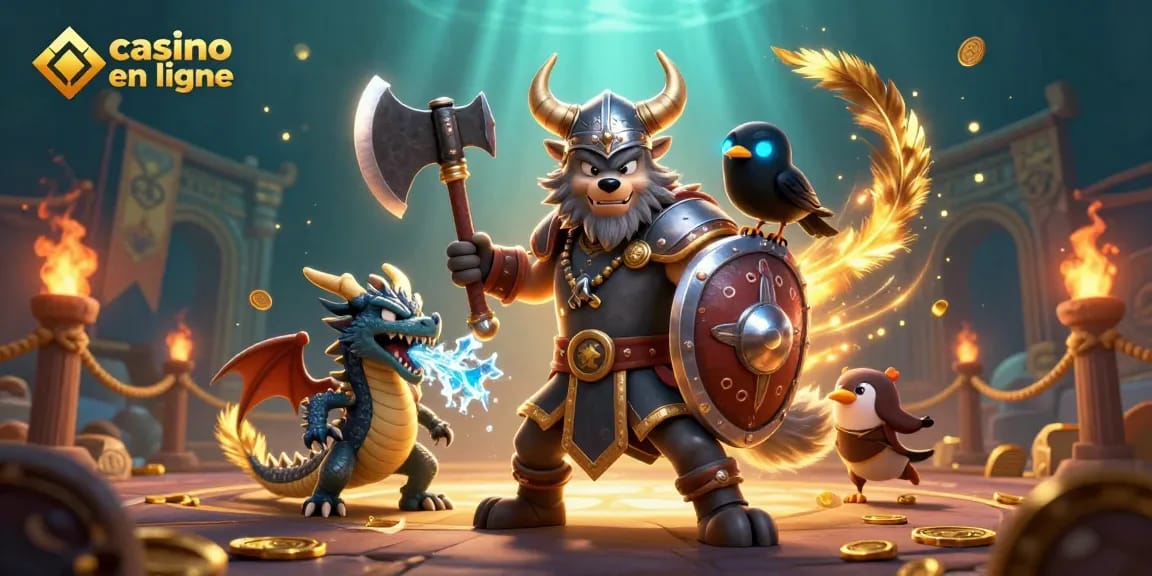 Illustration représentant un guerrier loup viking dans un casino en ligne face à un dragon et une corneille.