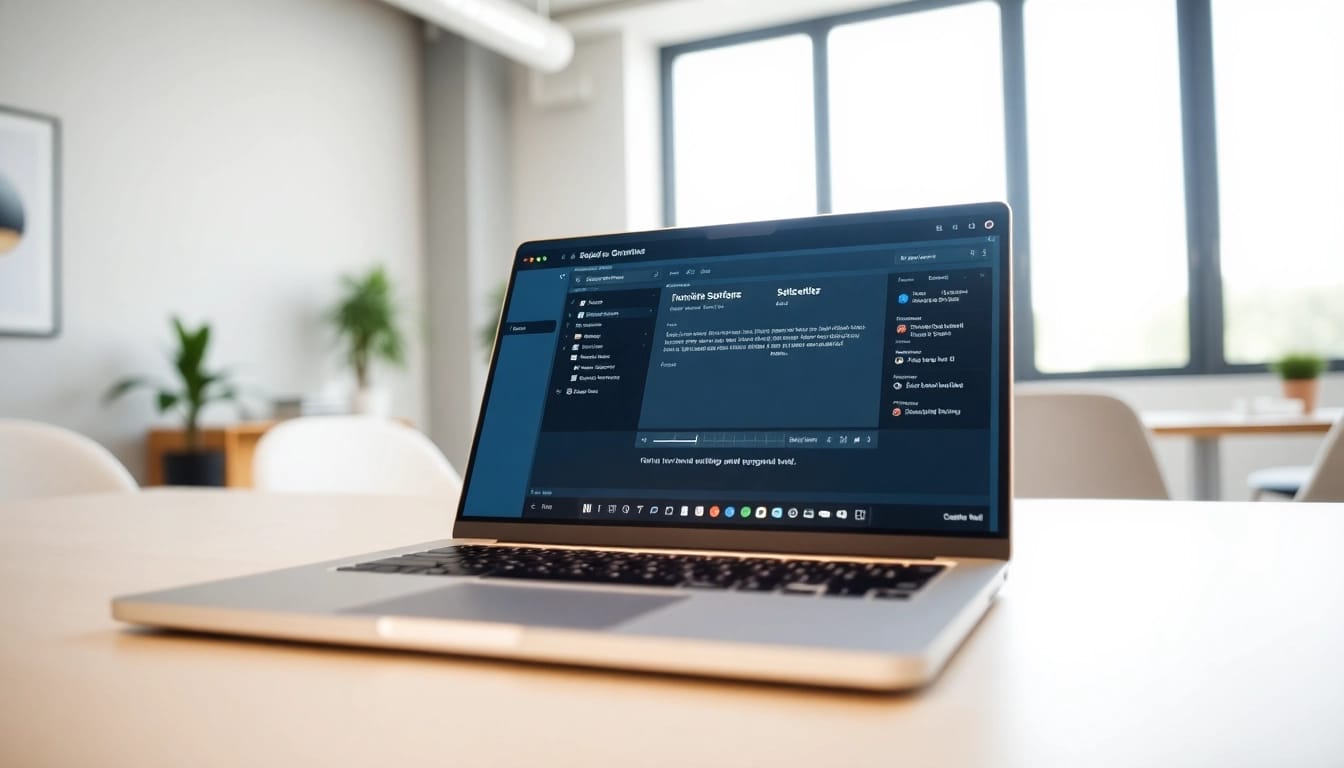 Engage with the efficient SRT Generator interface showcased on a sleek laptop in a modern workspace.
