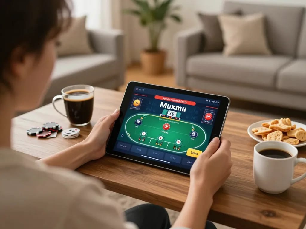 J188 user enjoying online gambling strategy with a tablet in a cozy home setting.