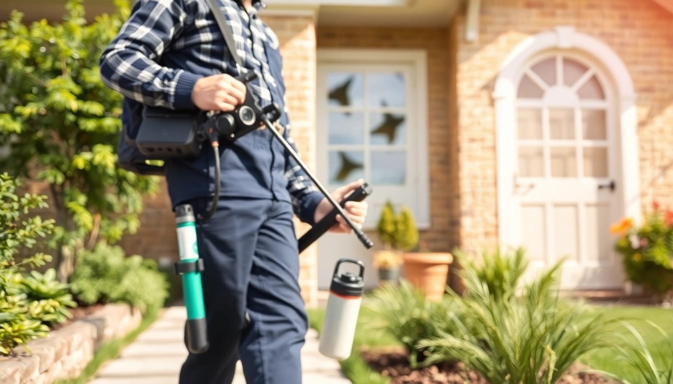 Pest control company near me technician inspecting home for pests.