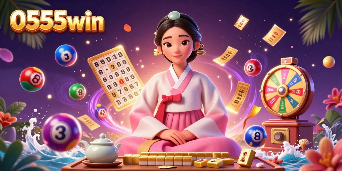 Experience thrilling games with 0555win, featuring vibrant lottery elements and an elegant backdrop.