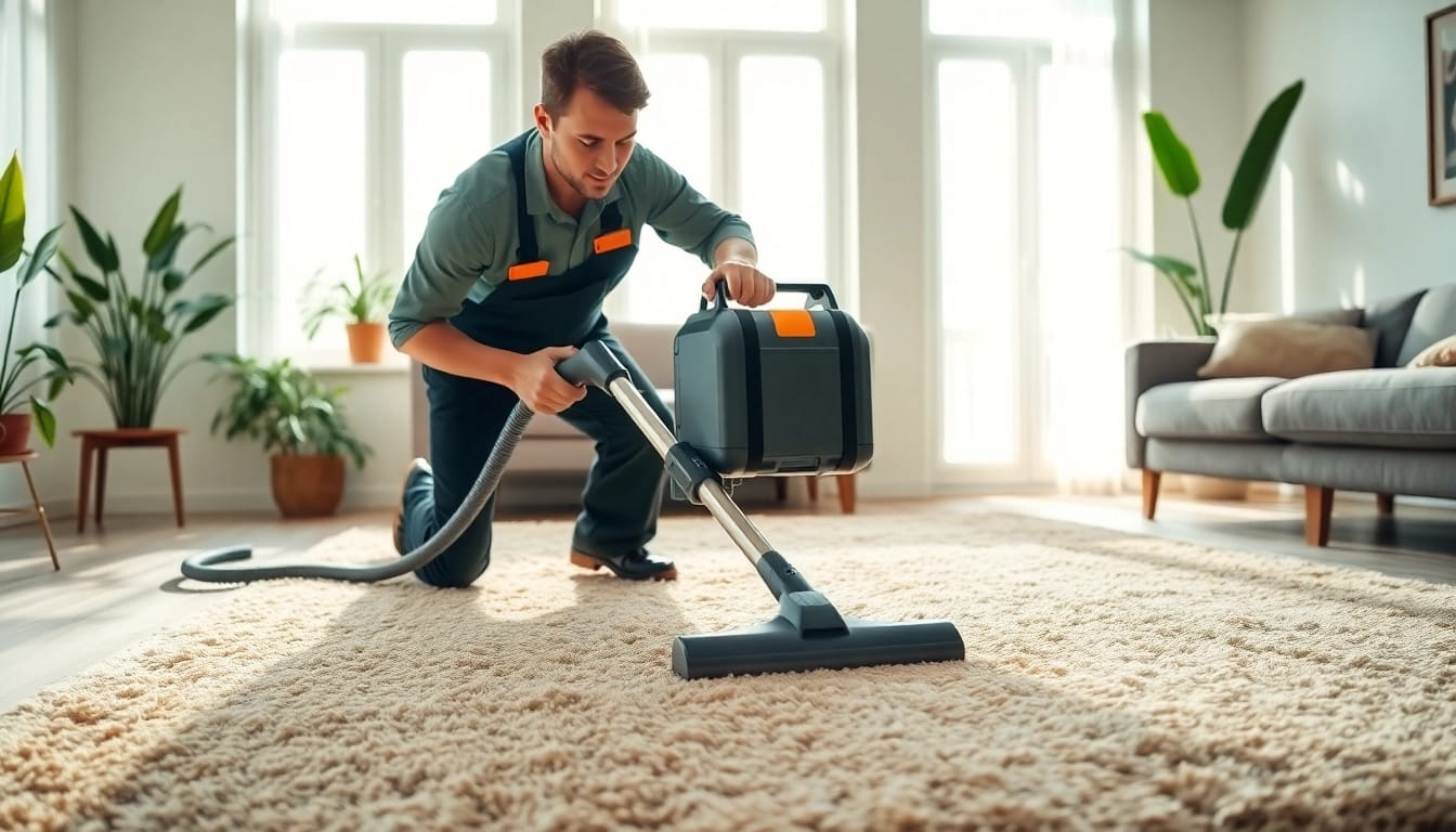 Tech working on carpet cleaning roseville ca with professional equipment in a bright living room.