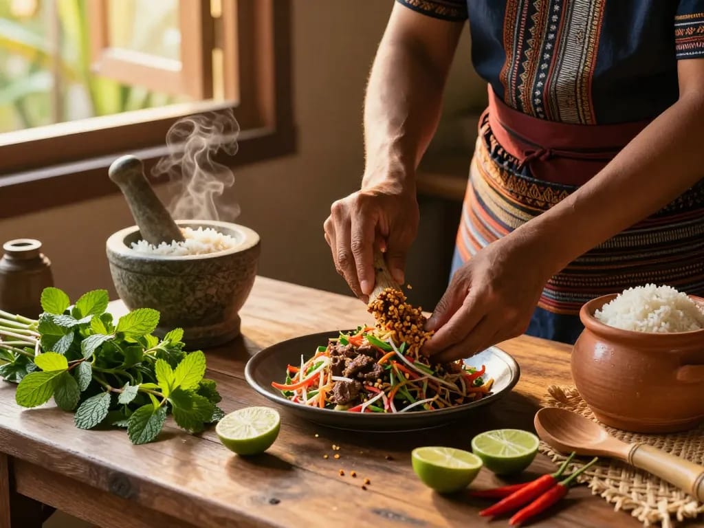 Prepare the original beef larb recipe in a rustic Thai kitchen filled with vibrant herbs and fresh ingredients.