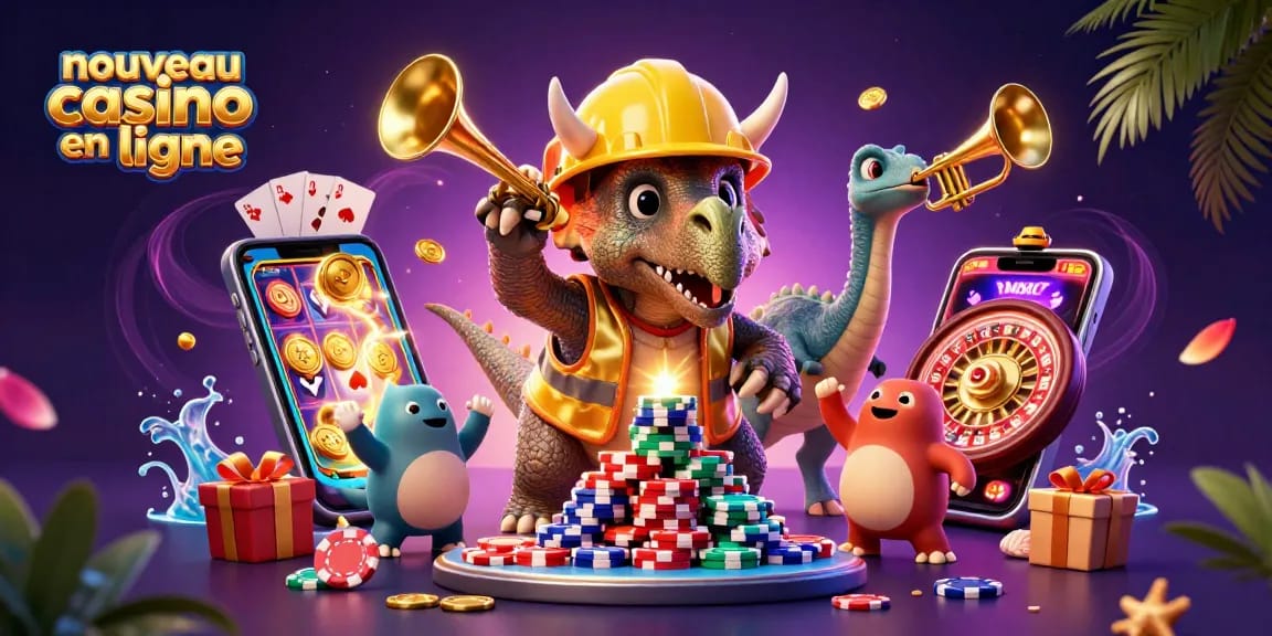 Animation de casino en ligne nouveau : triceratops et parasaurolophus célèbrent des gains avec des jetons de poker.