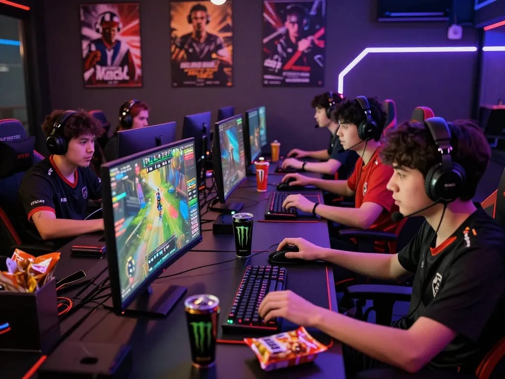 Engaged players experiencing Game bài hubet88 in a vibrant esports hub with neon lighting and live competitions.