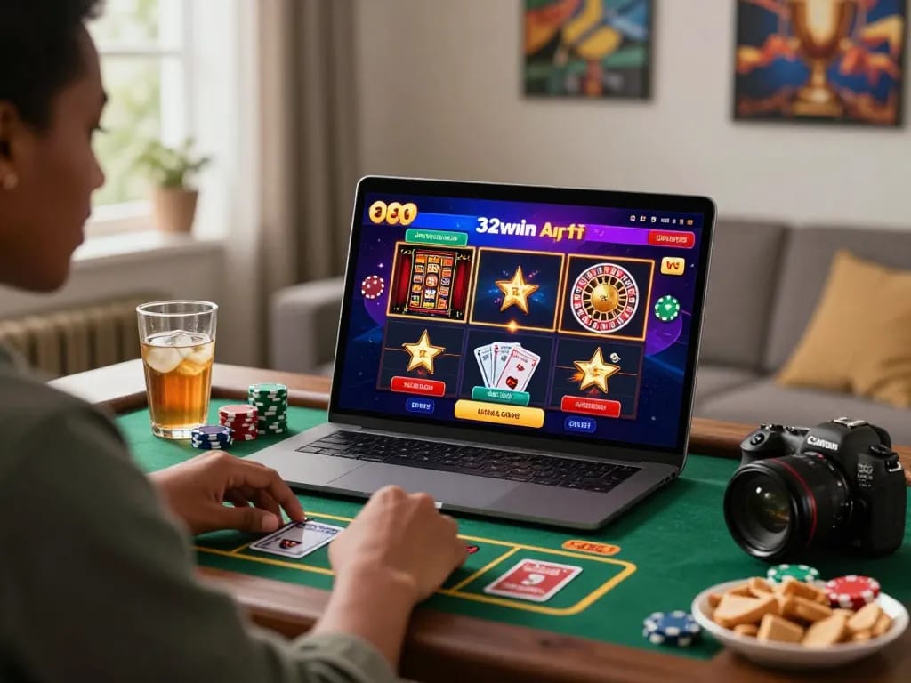 An enthusiastic gambler enjoying online gaming at https://32win.agency/ with a vibrant interface and cozy setting.