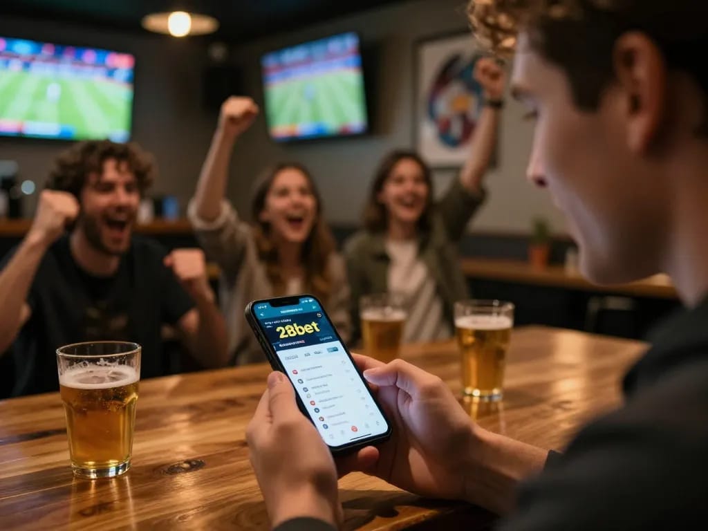 Engaging sports betting moment with 28bet app in hand during exciting game at a lively bar