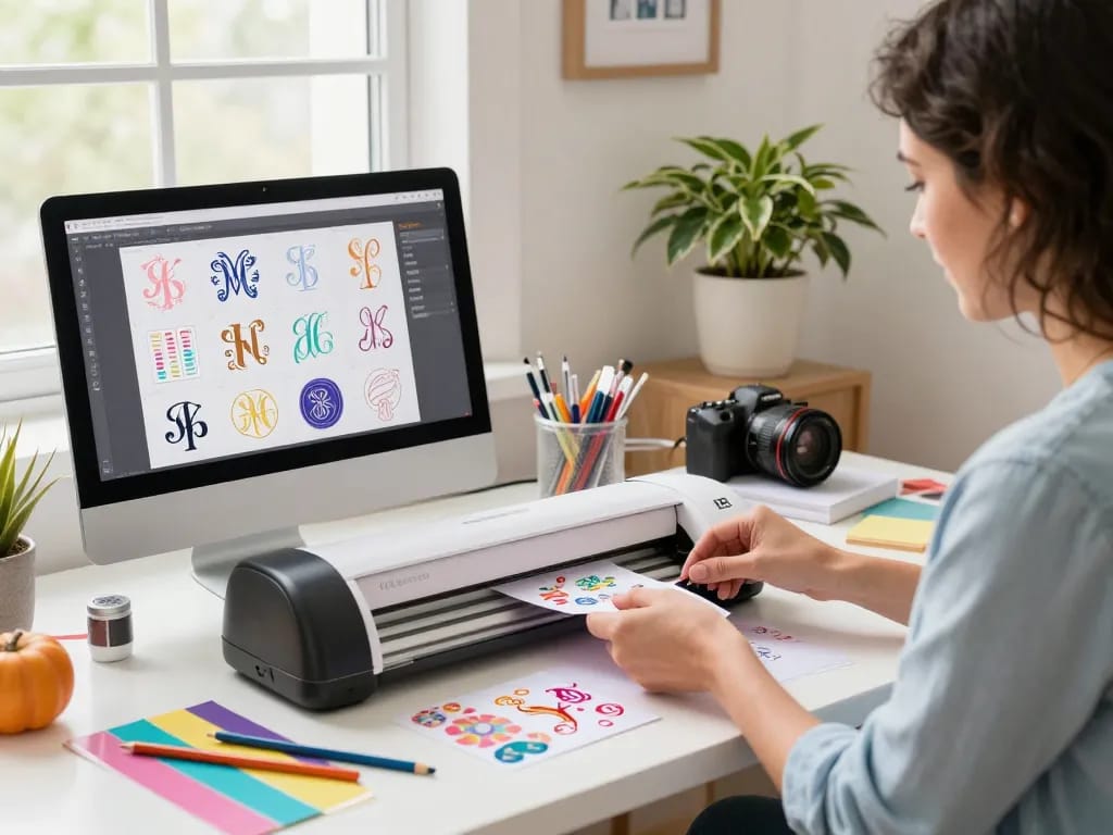 Creative woman designing Cricut stickers and monograms in a vibrant home studio.