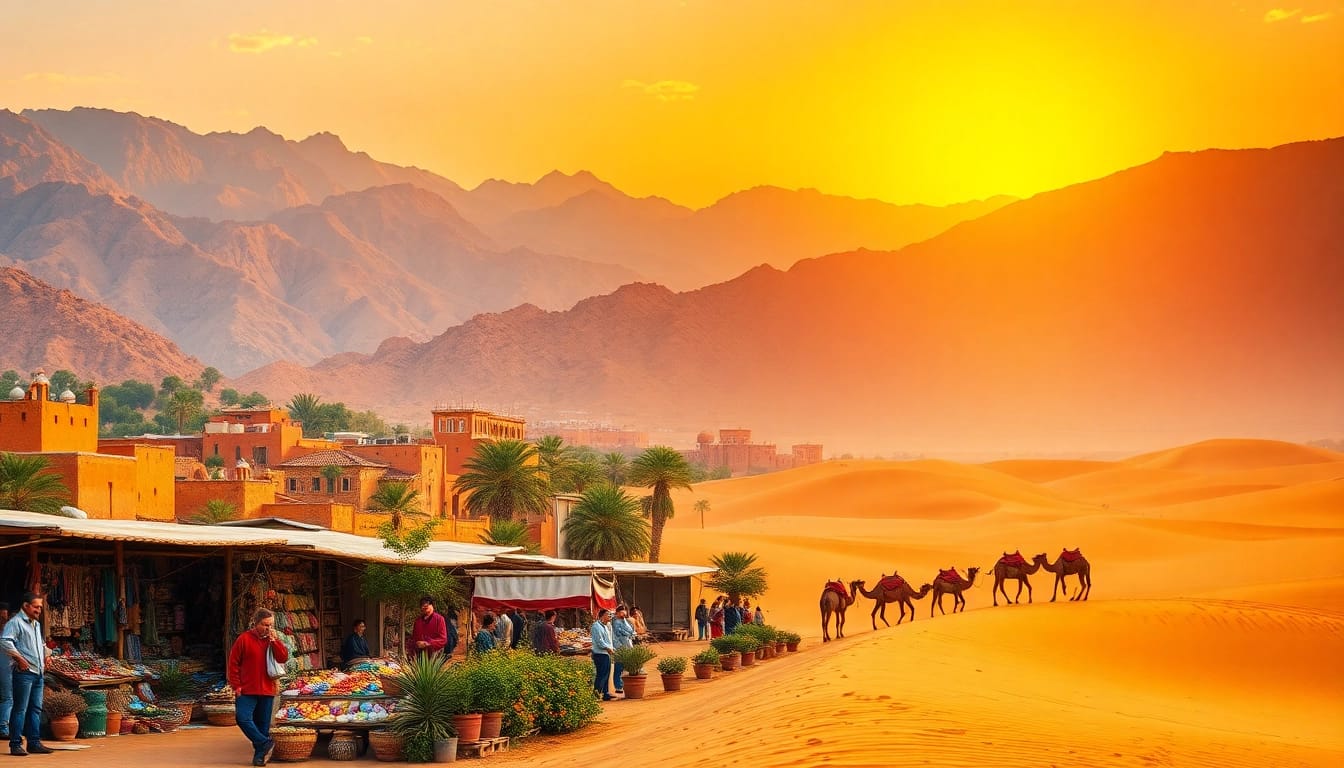 Experience vibrant morroc private tours in a colorful Moroccan market with camels and traditional landscapes.