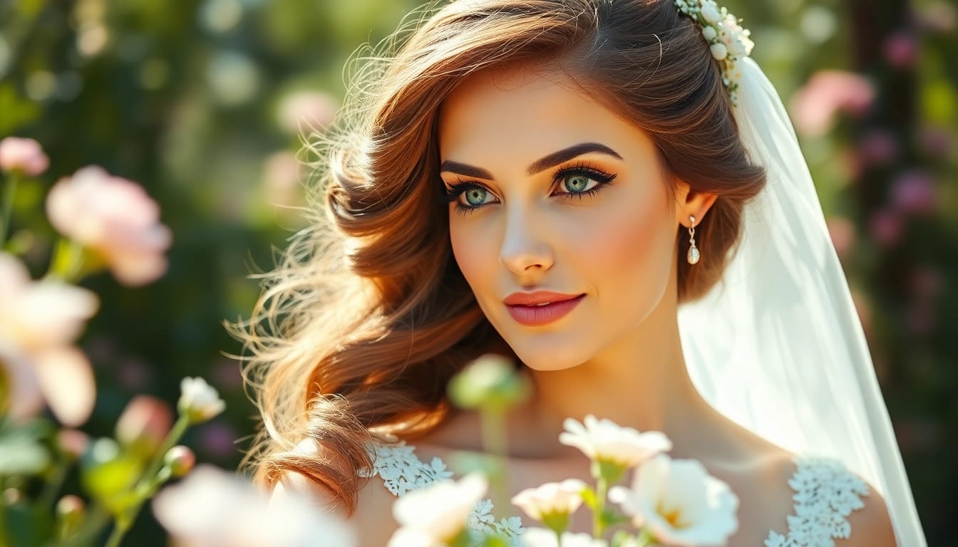 Bridal model displaying exquisite wedding hair and makeup in a picturesque garden setting.