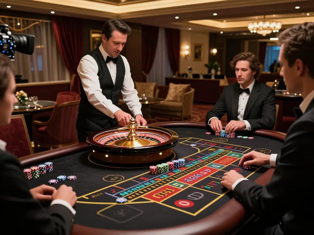 MB66 players excitedly placing bets at a luxurious roulette table in a vibrant casino setting.