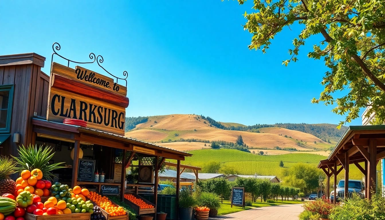 Captivating scene of Clarksburg CA market with fresh produce against a sunny vineyard backdrop.