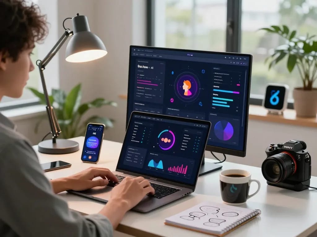 Engaging with sex AI application in a modern office setting, showcasing tech innovation and personal exploration.
