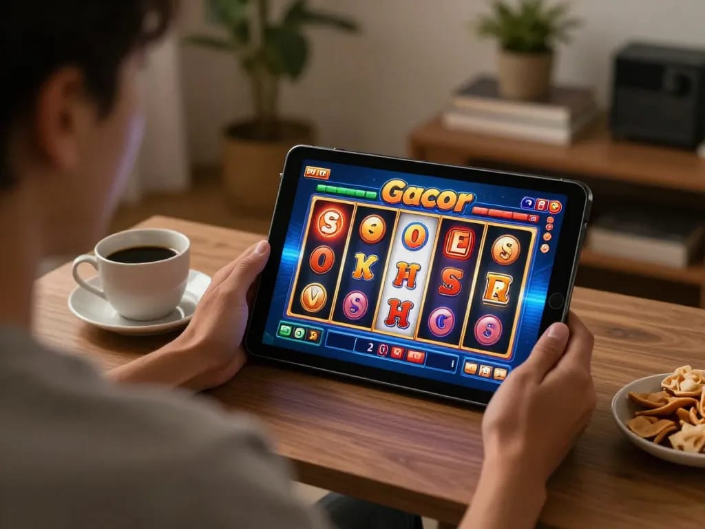 Player enjoying slot gacor game on tablet in cozy living room setting, showcasing responsible gaming