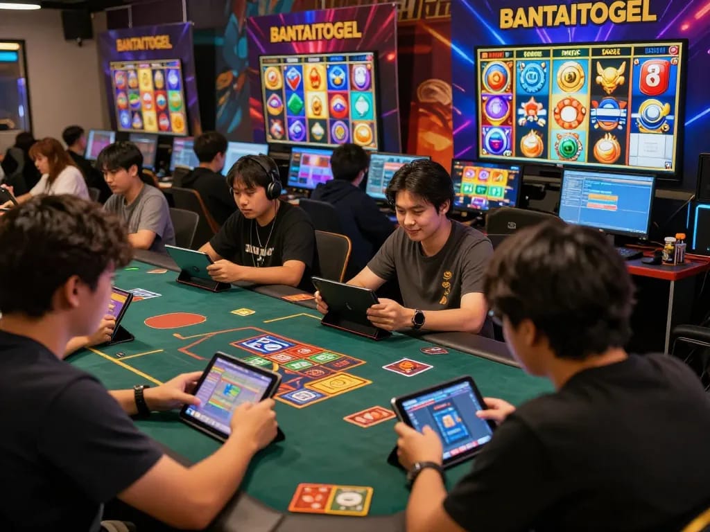 BANTAITOGEL: Situs Gacor Toto Slot Terbaik Dengan Agen Toto Togel Pasaran 4d Terlengkap, featuring players enjoying vibrant online slot games in an engaging atmosphere.