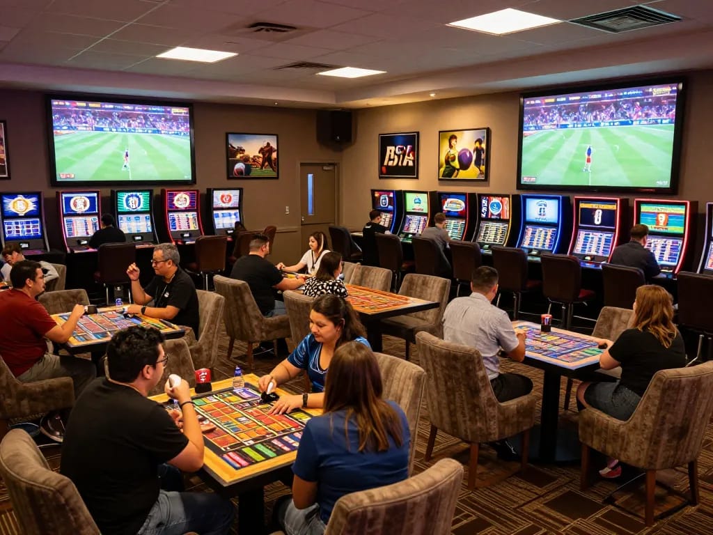Engaged bettors analyzing odds at 오피스타's dynamic sports betting lounge, showcasing excitement and community.