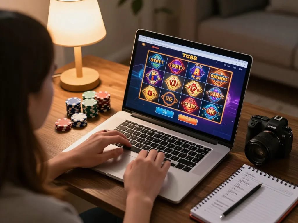 Player engaging with TG88 online platform while managing bankroll and strategies during home gaming session