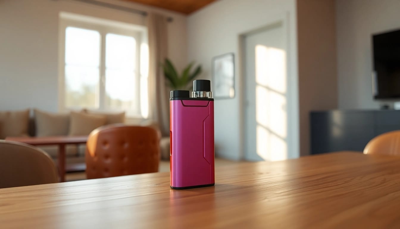 Showcase the stylish pod kit with vibrant colors on a wooden table, highlighting its sleek design.