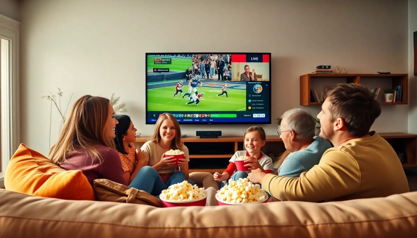 Family enjoying live tv streaming in a cozy living room setting with a warm ambiance.