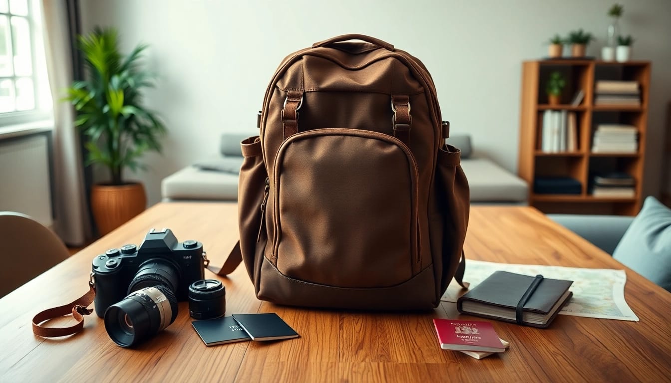 Explore the features of Backpack TGE in a travel setting with essential accessories.