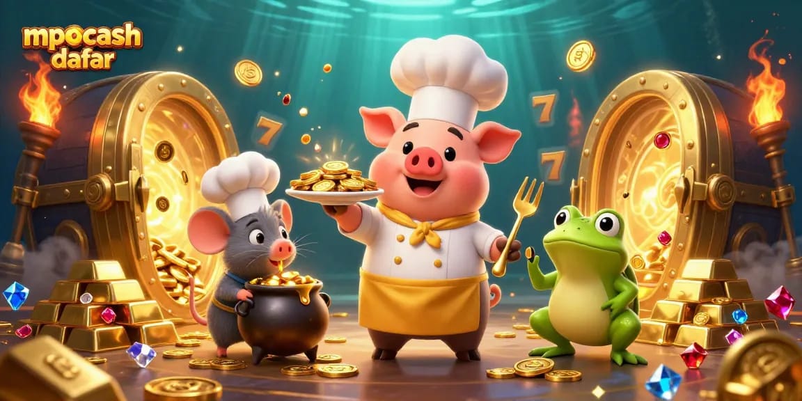 Experience winning with mpocash daftar featuring gold coins, slots, and joyous cartoon characters.
