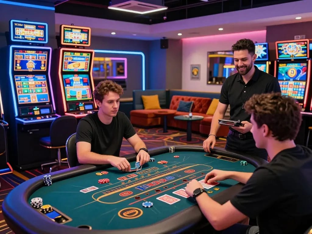 Dynamic scene of NK88 online gambling with players at vibrant gaming stations.