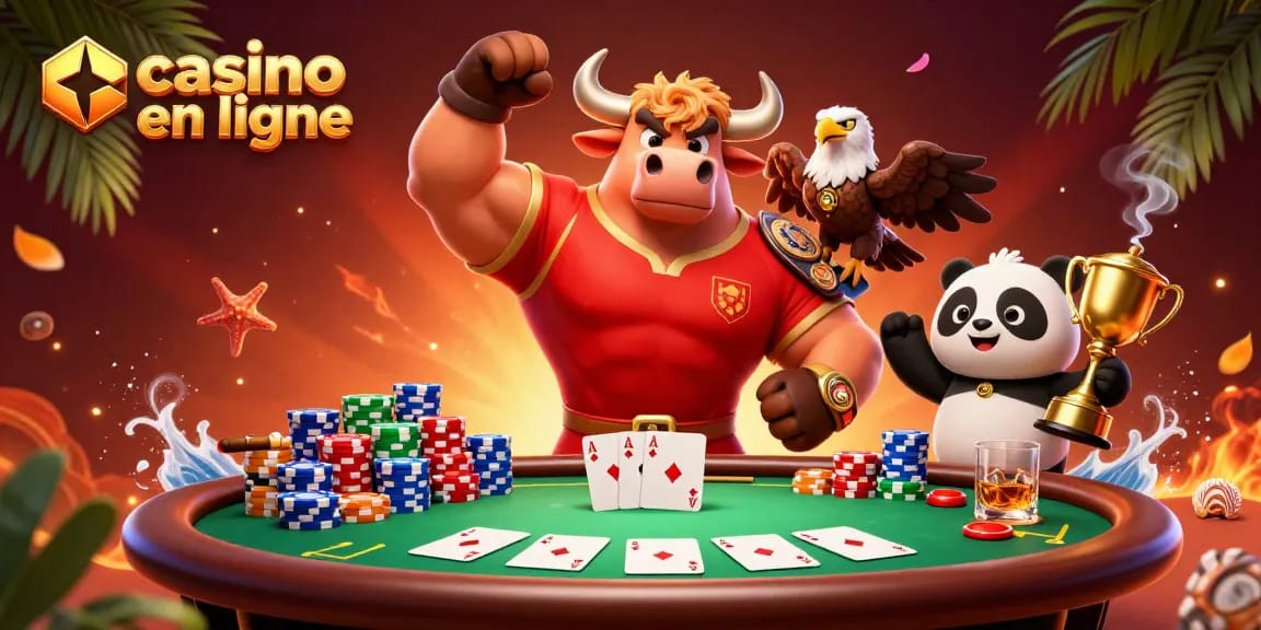 Un casino en ligne dynamique avec des personnages 3D colorés célébrant une victoire au poker.