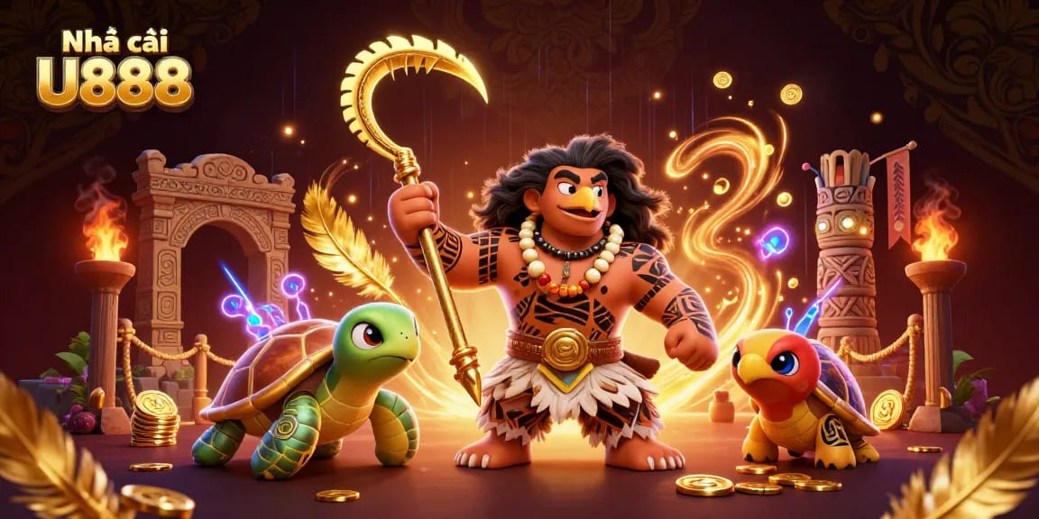 Engaging scene showcasing Nhà cái U888 with a tribal demigod hawk, golden coins, and vibrant betting elements.