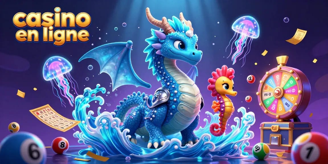 Jouer au casino en ligne avec des éléments captivants de la mer, un dragon et des boules de loterie.