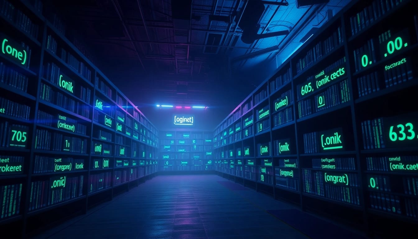 Explore the hidden wiki with glowing .onion links in a mysterious underground library.