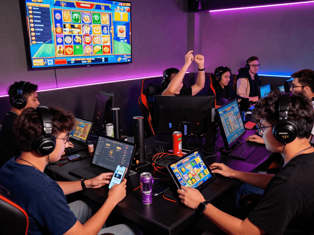 Pengalaman bermain slot gacor di CR777 dengan pemain antusias di lounge gaming modern.