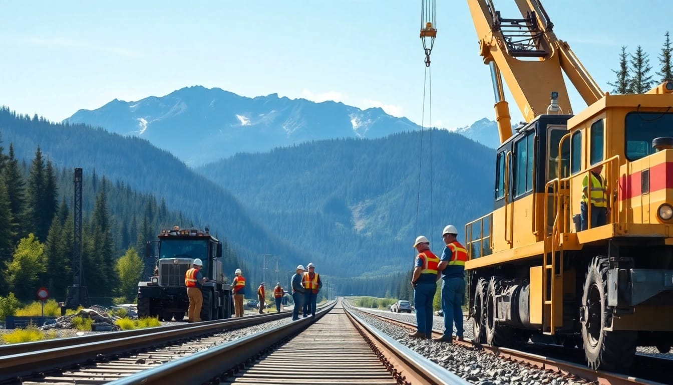 A rail contractor Canada team collaborating on a railway construction project amidst a natural landscape.