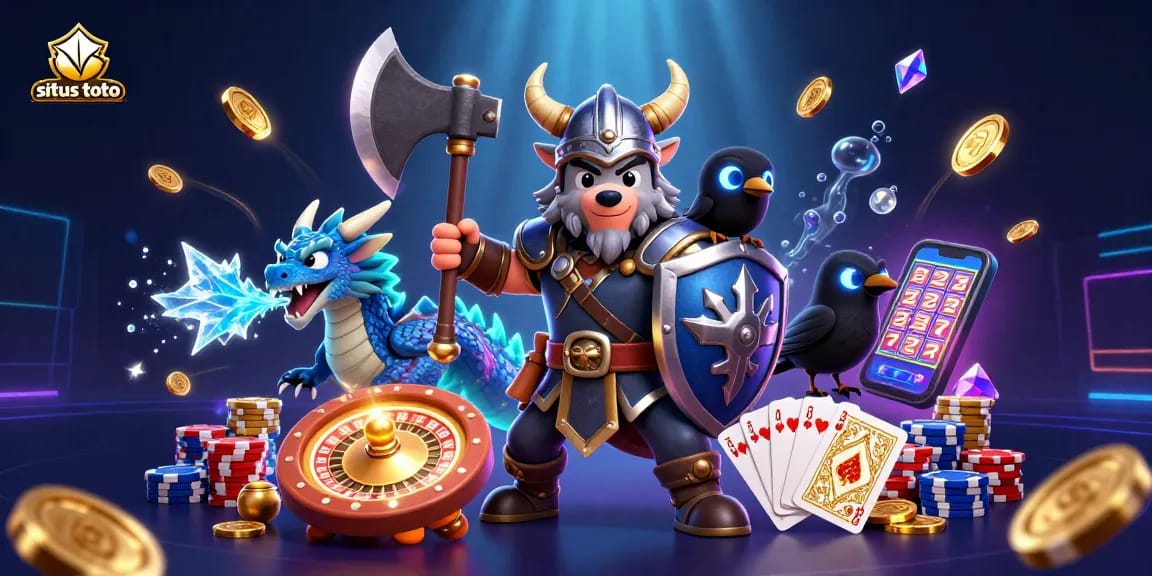 Engage with situs toto in a vibrant 3D battle scene featuring a Viking wolf, dragon, and treasures.
