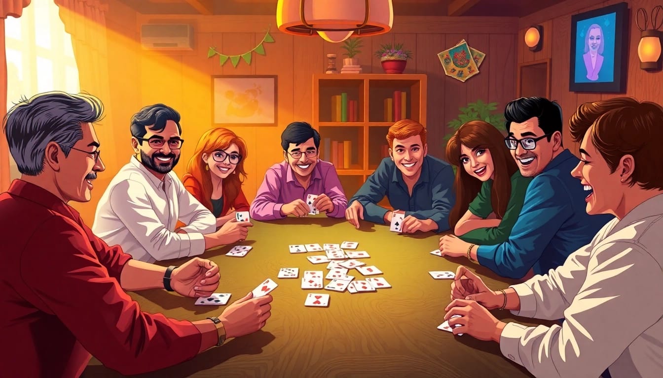 Rummy nabob players enjoying an exciting card game at a wooden table with colorful cards displayed.