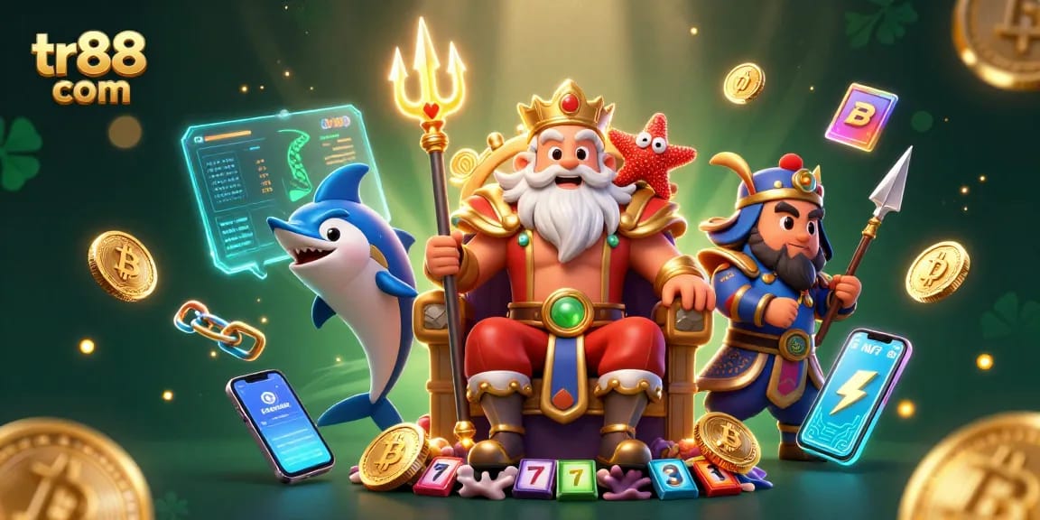 Engage with tr88 com's dynamic slot reels in a vibrant 3D casino scene featuring Neptune.