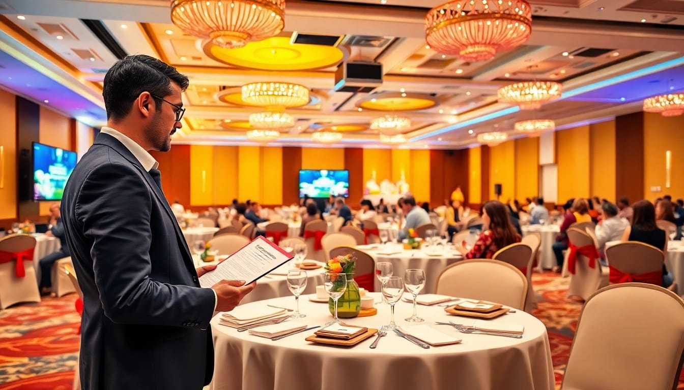 Event management setup showcasing an elegant conference hall with engaged participants.