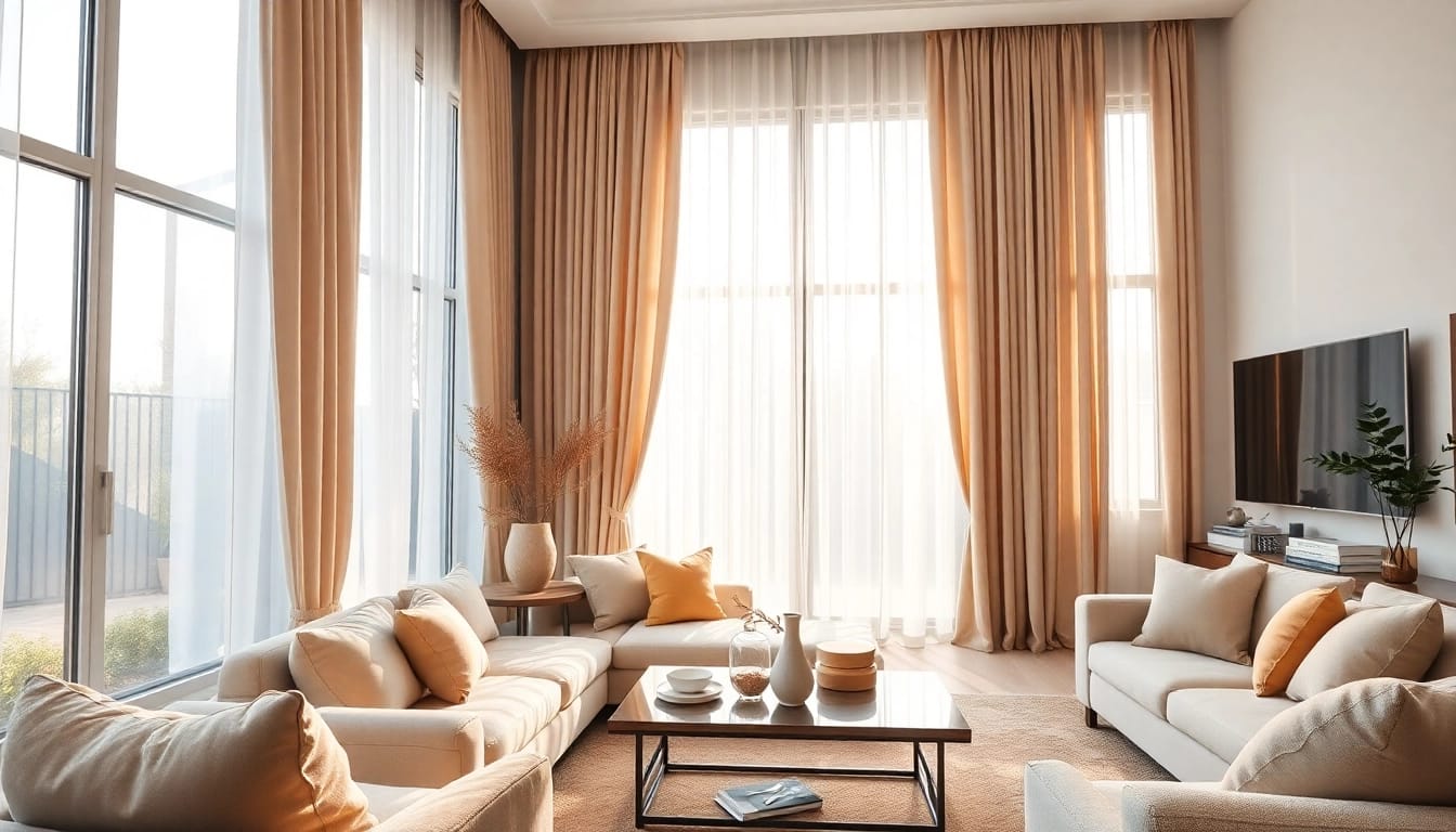 Verduisterende gordijnen in een stijlvolle woonkamer creëren een serene sfeer.
