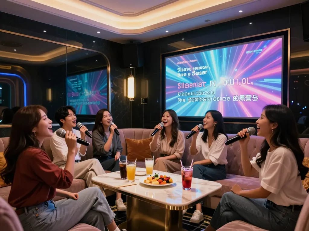 친구들과 함께하는 강남퍼펙트 노래방에서의 럭셔리와 즐거움을 경험하세요. 생생한 인테리어와 축제 같은 분위기를 보여줍니다.